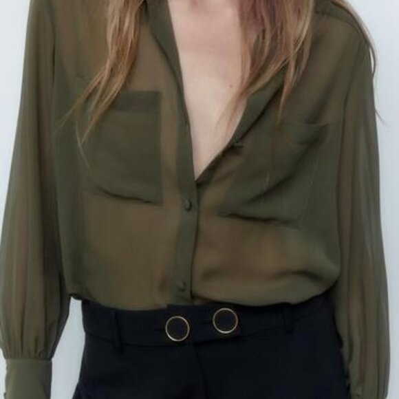 ZARA Sheer Olive Green Long Sleeve Blouse - Picture 3 of 8